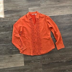 Rebecca Malone Orange Faux Suede Smocked Zip Front Blouse - Size Large